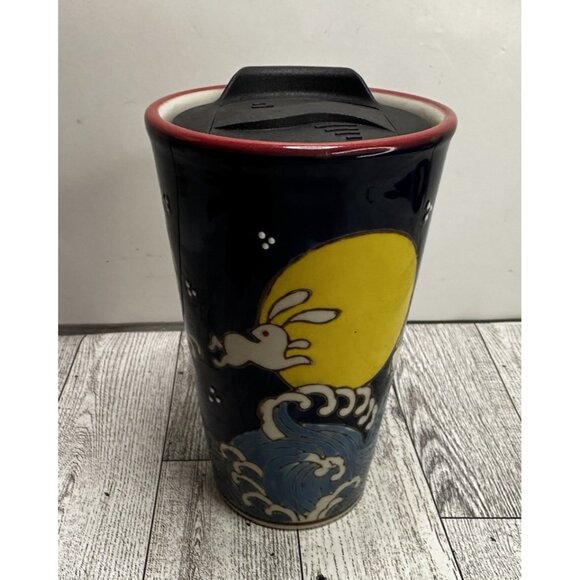 6" Tall Ceramic Travel Mug "Bunny Wave" 16 Oz. Bunnies Jumping over the Moon NEW - Picture 6 of 10